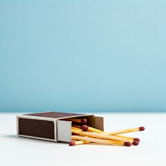 brown and white matchbox with matches spilling out on a white surface with a light blue background