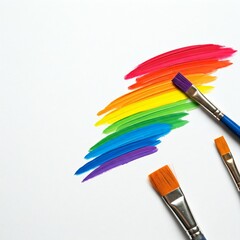 Fototapeta premium rainbow paintbrush strokes on white background with paintbrushes for art and design projects