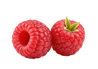 Two fresh raspberries with a green leaf isolated on white background