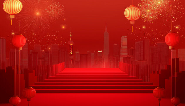Vibrant Chinese New Year Celebration: Red Lanterns, Fireworks, and Festive Steps in Cartoon Style