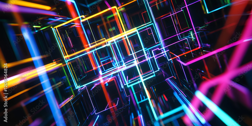Poster neon grid: abstract digital art depicting a vibrant, multicolored neon grid forming intricate geomet