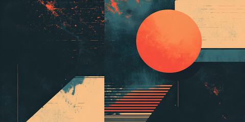 Abstract Geometric Composition: A captivating interplay of shapes and colors, featuring a bold orange circle against a backdrop of dark teal and muted beige geometric forms.