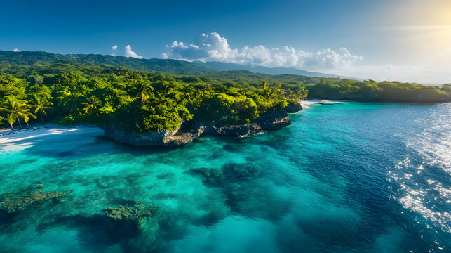 Tropische K&uuml;stenlandschaft mit t&uuml;rkisfarbenem Wasser, &uuml;ppiger Vegetation und verstecktem Strand  

