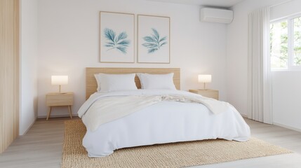 Obraz premium A cozy room features a neatly made bed adorned with white sheets and pillows, inviting relaxation and comfort.