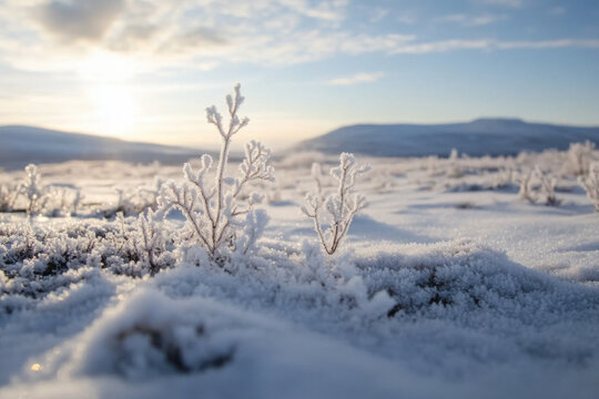 Close-up of frost-covered moss and small Arctic plants