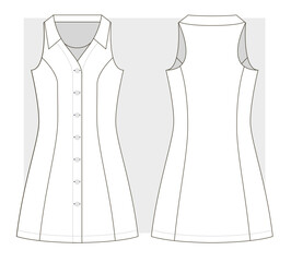 Fitted sundress with shirt collar and buttons technical sketch. Vector illustration.