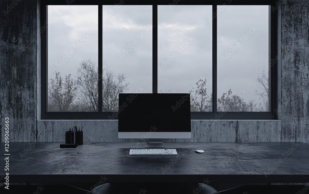 Aufkleber a computer sits on a desk positioned in front of a large window, offering a bright and airy workspac