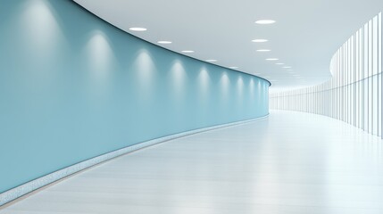 Obraz premium Arafed view showcasing a curved hallway featuring a blue wall contrasted by a clean white floor, creating a modern and inviting atmosphere.