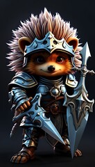 Brave Hedgehog Knight in Shining Armor: A Whimsical 3D Render of a Cute Fantasy Warrior, Standing Proudly with Sword and Shield Against a Dark Background, Showcasing Detailed Armor, Spiky Fur, and Det