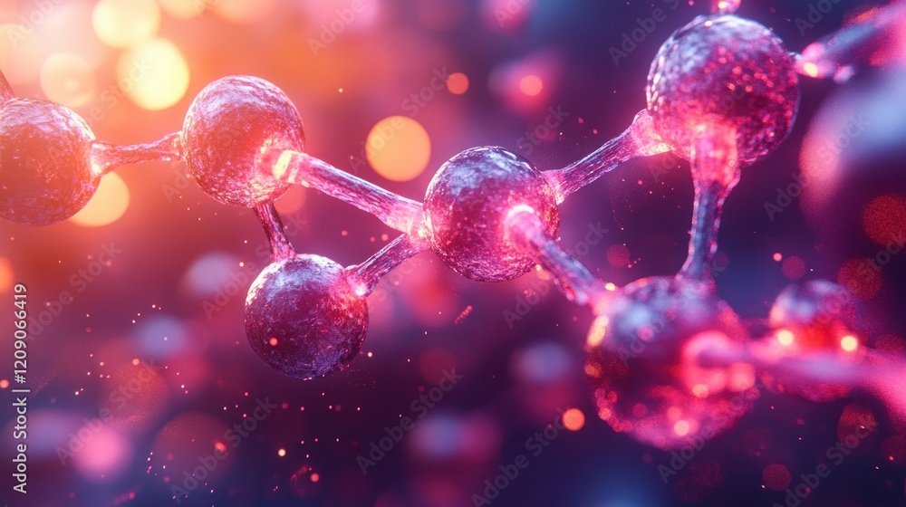 Poster vibrant molecular structure in abstract space with neon lights and smooth reflection