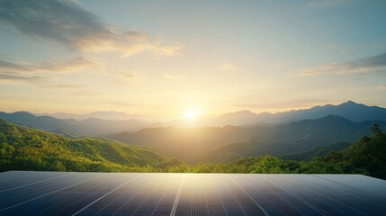 Fototapeta premium Sunrise Over Mountain Landscape with Solar Panels in Foreground, Showcasing Renewable Energy and Natural Beauty in a Serene Environment