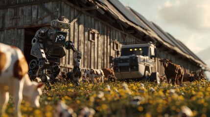 A farm using robotics and solar energy to enhance animal husbandry, with robots assisting animals and solar panels on the barn, showcasing modern farming tech