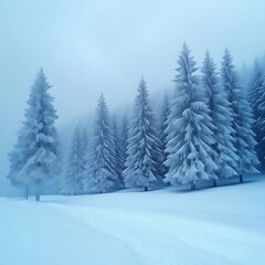 Naklejka premium Snowy winter forest scene with fog.