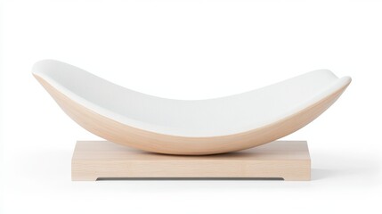 A minimalist white bowl rests elegantly on a wooden stand against a clean white background, emphasizing simplicity and design aesthetics.