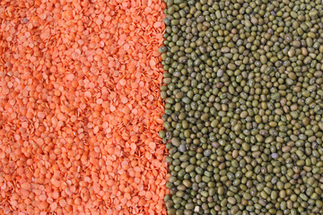 Lentils and mung beans as a background.