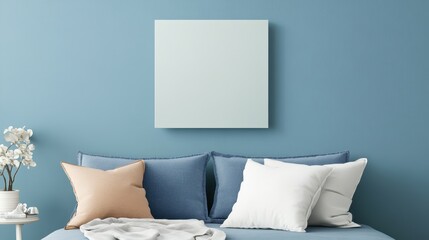 A blue couch adorned with pillows sits beside a white vase, creating a cozy and inviting atmosphere in the room.