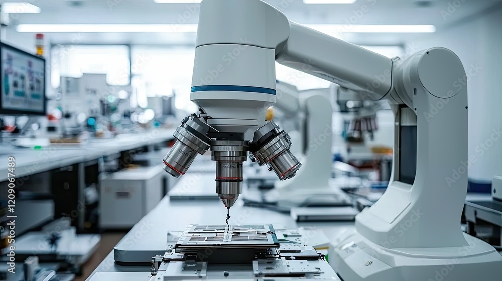 Poster robotic microscope inspecting microchip in laboratory setting
