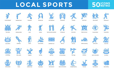 Local sports icon set with serving volleyball, basketball shoot, kicking ball, blocking ball, goal celebration, catching ball, throwing, sprint finish, relay handoff icon. Simple retro vector 
