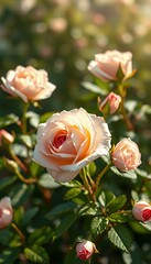Close-up of Peach-Colored Roses in a Garden bathed in Soft Sunlight, Delicate Petals and Buds, Vibrant Floral Beauty