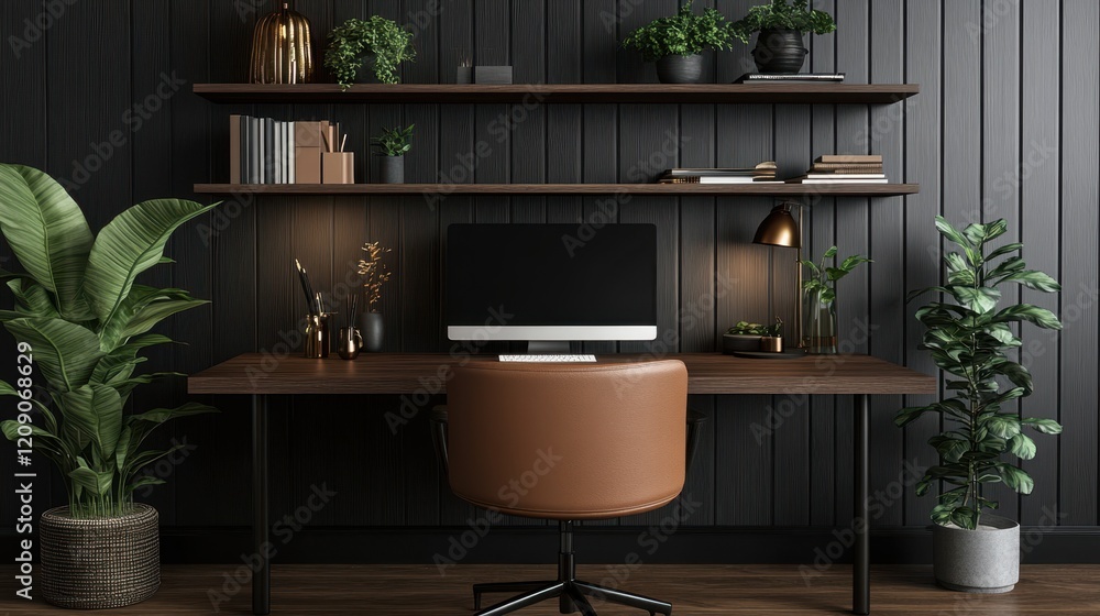 Poster a modern desk features a computer, elegantly positioned beside a lush plant in the corner, creating 