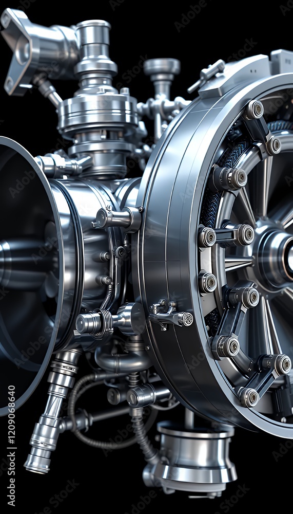 Poster close-up view of a complex metallic turbine engine, showcasing intricate details of its internal com