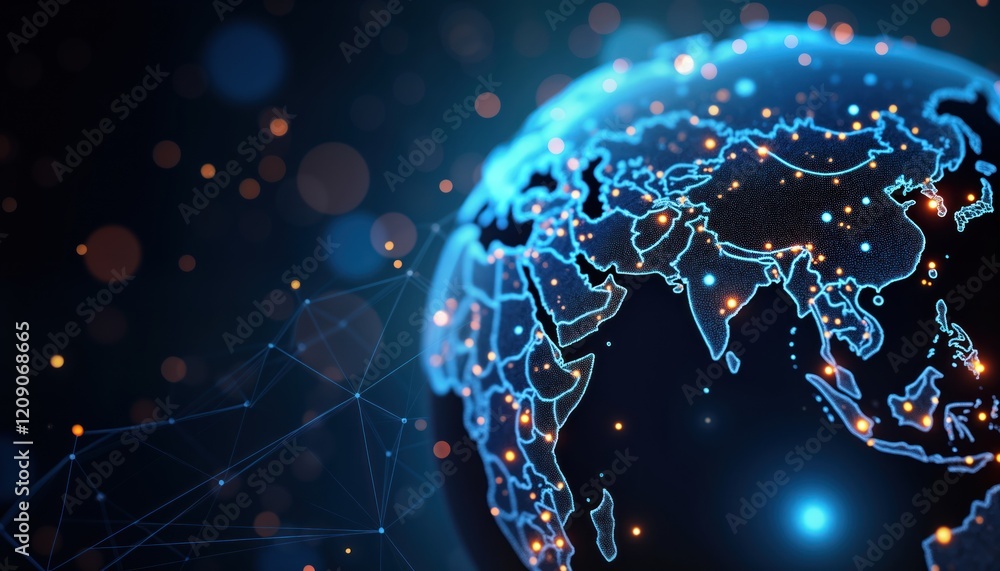 Poster global communication tech concept. earth globe with glowing network points. futuristic representatio