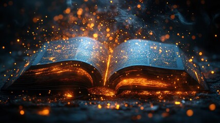 Open Magic Book Glowing with Abstract Bokeh Lights in Dark Background Education Literature Concept
