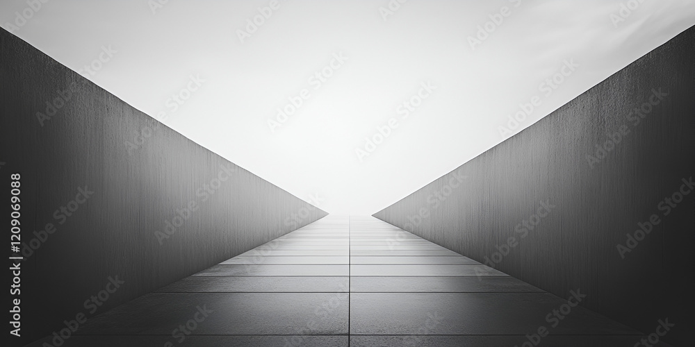 Poster converging paths: monochromatic architectural perspective of two towering walls converging into a va