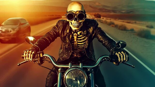 A skeleton wearing goggles rides a motorcycle down an open road at sunset.