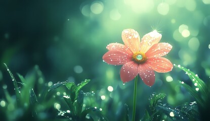 Dewdrop on a daisy petal with sunlight shining through, set against lush green grass in springtime, with space for text or design.