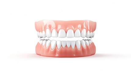 Obraz premium Realistic dental model showcasing a complete set of upper and lower teeth isolated on a clean background, perfect for educational and clinical purposes in oral health and dentistry.