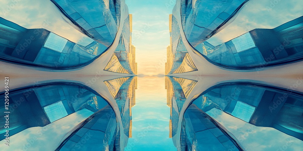 Poster reflected skyline: a mesmerizing architectural abstract captures the symmetrical reflection of a mod