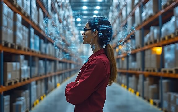 Woman in warehouse with digital overlay.