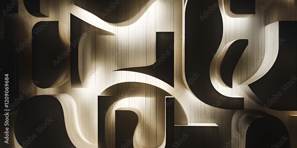 Poster abstract wooden typography: intricate wooden letters form an abstract and captivating pattern, illum