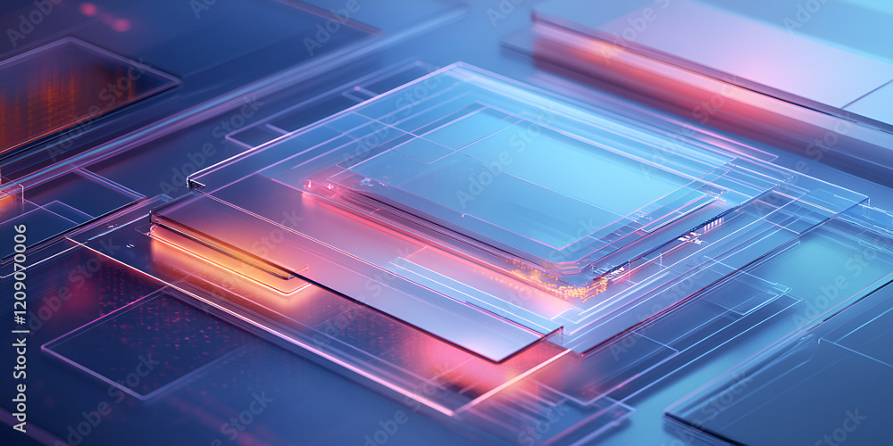 Poster abstract technology: a mesmerizing digital art piece showcasing an array of translucent glass-like s