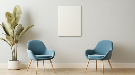 A serene room featuring two chairs, a vibrant plant, and an elegant picture frame, creating a cozy and inviting atmosphere.
