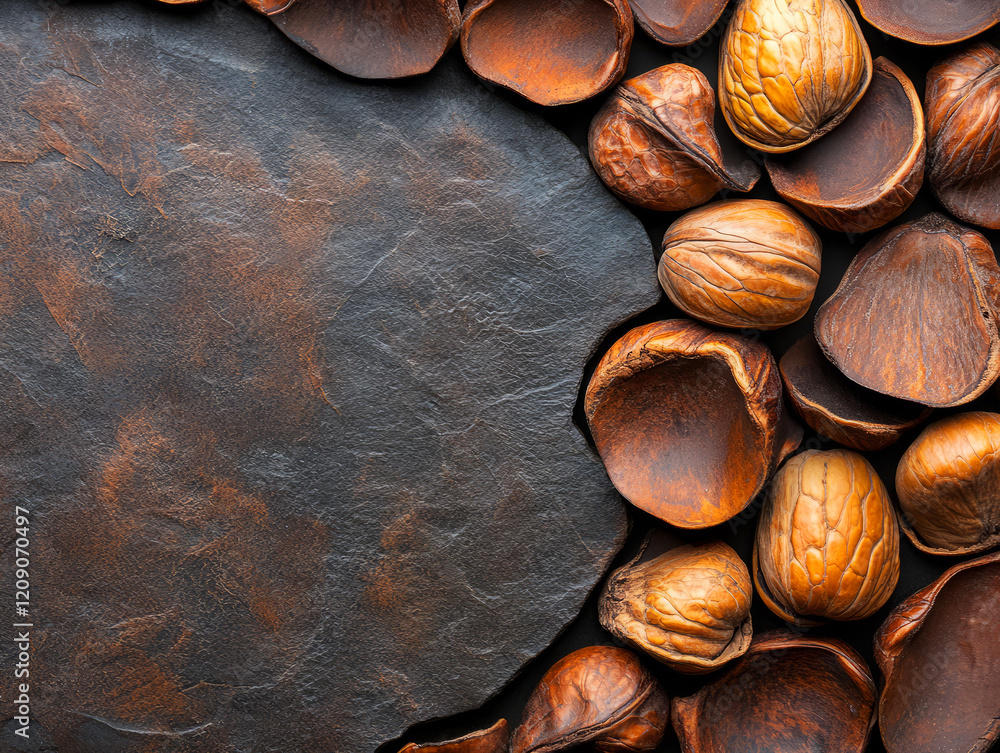 Aufkleber natural textures of nuts and shells on dark slate surface for culinary and design use