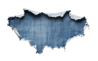 Hole in worn blue denim  on transparent or white background