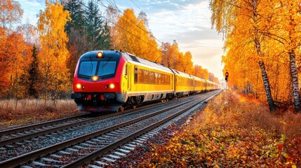 Fototapeta premium Yellow and red passenger train travels along railway tracks through a vibrant autumn forest during a sunny day.