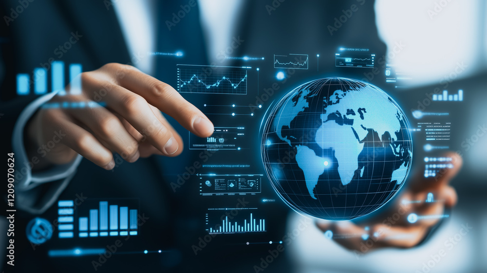 Poster global network in hand: a businessman interacts with a holographic globe and data visualizations, sy