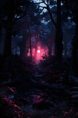 Fototapeta premium Pink Moonlit Forest Path: Night Hike Adventure
