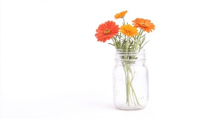 Obraz premium Brightly colored flowers in a clear jar against a white background, creating a fresh and cheerful atmosphere