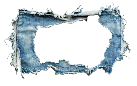 Hole in worn blue denim  on transparent or white background