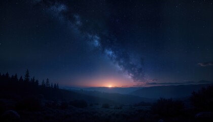 Naklejka premium Dark night sky with twinkling stars. Milky way shines brightly over mountain landscape. Silhouettes of trees, mountains. Sunrise sunset colors blend into dark sky. Beautiful landscape with cosmic