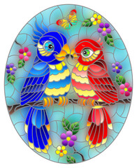 Stained glass illustration with bright cartoon parakeets against a blue sky and flowers,oval image