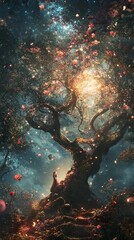 Obraz premium Enchanted Forest: Woman Under a Magical Tree at Night