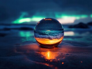 Crystal Ball Captures Ocean Sunset Under Aurora Borealis