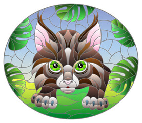 Illustration in stained glass style with baby lynx on the hunt, animal on the background of tropical leaves, oval image