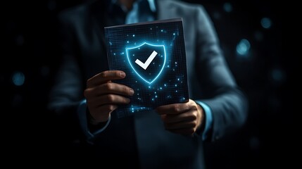 A businessman holds a virtual check mark hologram icon