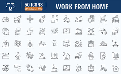 Work from home line editable icons set. Contains as freelancer, Remote work, Coworking, Video Conference, home office icon. Vector Illustration